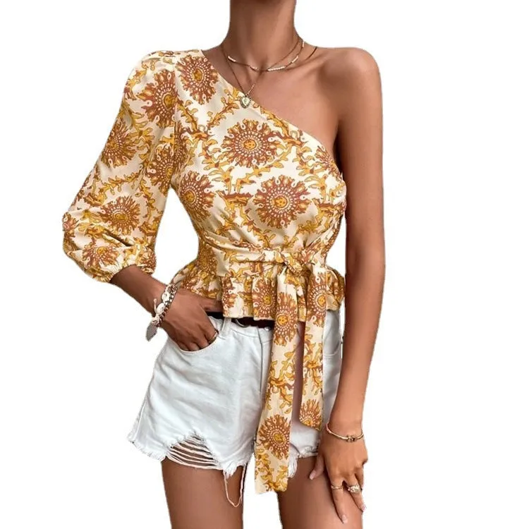 Summer Mandala Printed One-shoulder Lantern Sleeve Ruffled Blouses