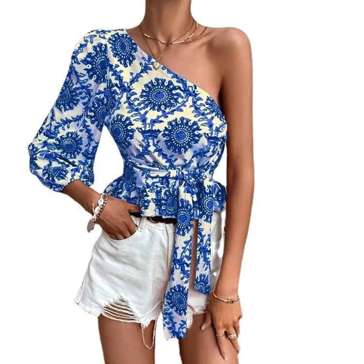 Summer Mandala Printed One-shoulder Lantern Sleeve Ruffled Blouses