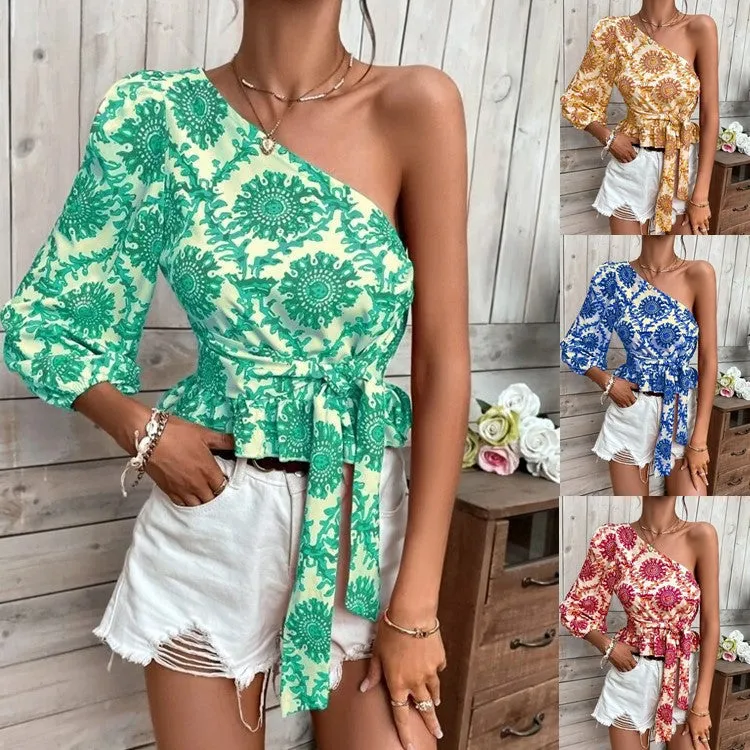 Summer Mandala Printed One-shoulder Lantern Sleeve Ruffled Blouses