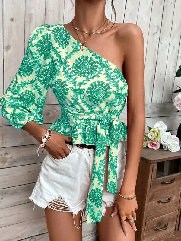 Summer Mandala Printed One-shoulder Lantern Sleeve Ruffled Blouses