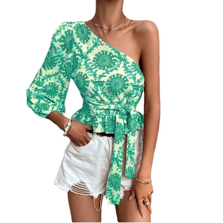 Summer Mandala Printed One-shoulder Lantern Sleeve Ruffled Blouses