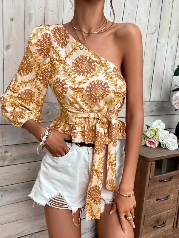 Summer Mandala Printed One-shoulder Lantern Sleeve Ruffled Blouses