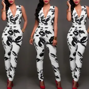 Summer Women Jumpsuit Romper Sexy Strap V Neck Sleeveless Floral Print Bodycon Overalls