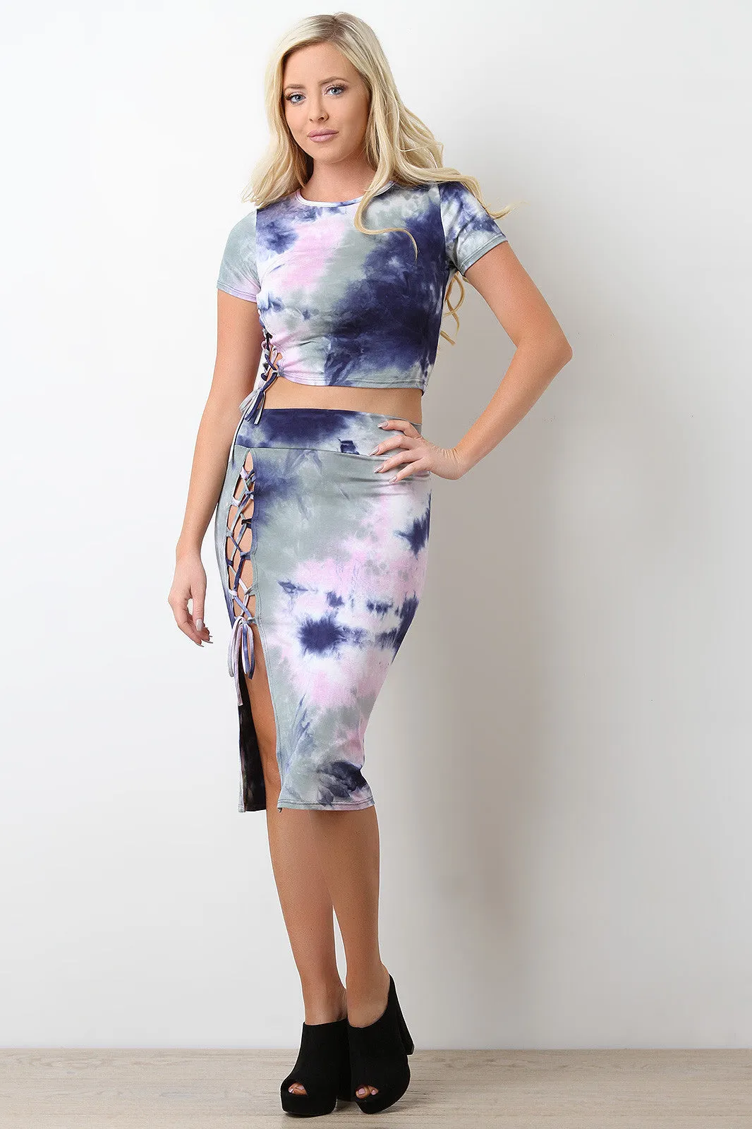 Tie Dye Side Lace Up Midi Skirt