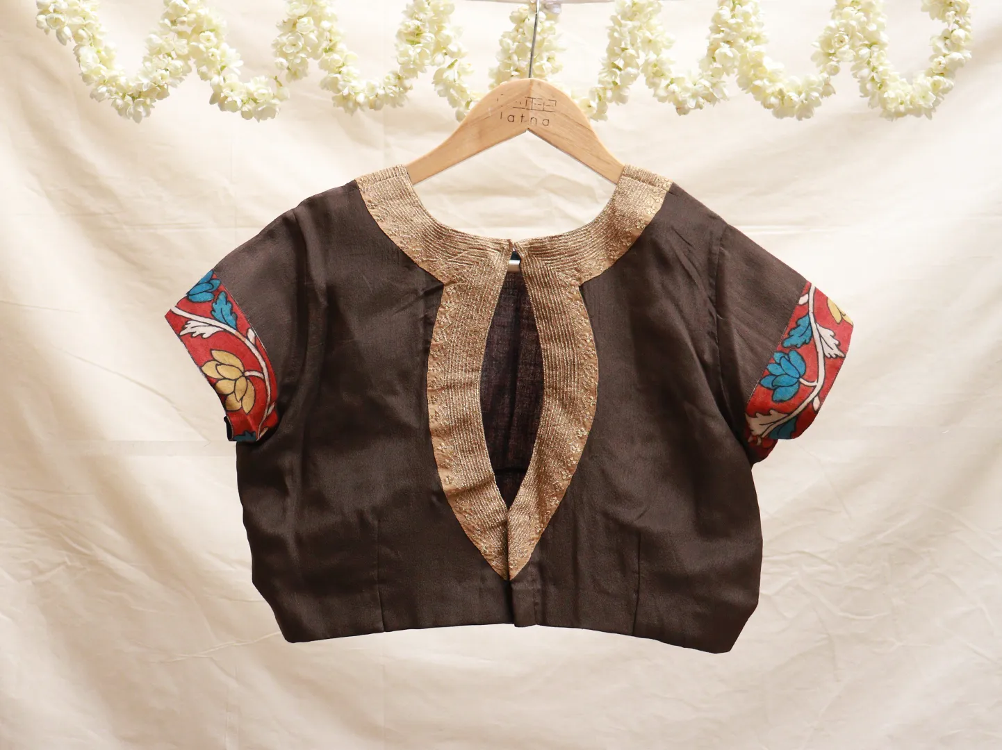 Umber Brown, crepe silk, handspun and handwoven cotton print, blouse