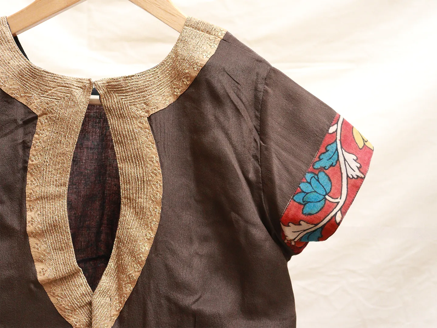 Umber Brown, crepe silk, handspun and handwoven cotton print, blouse