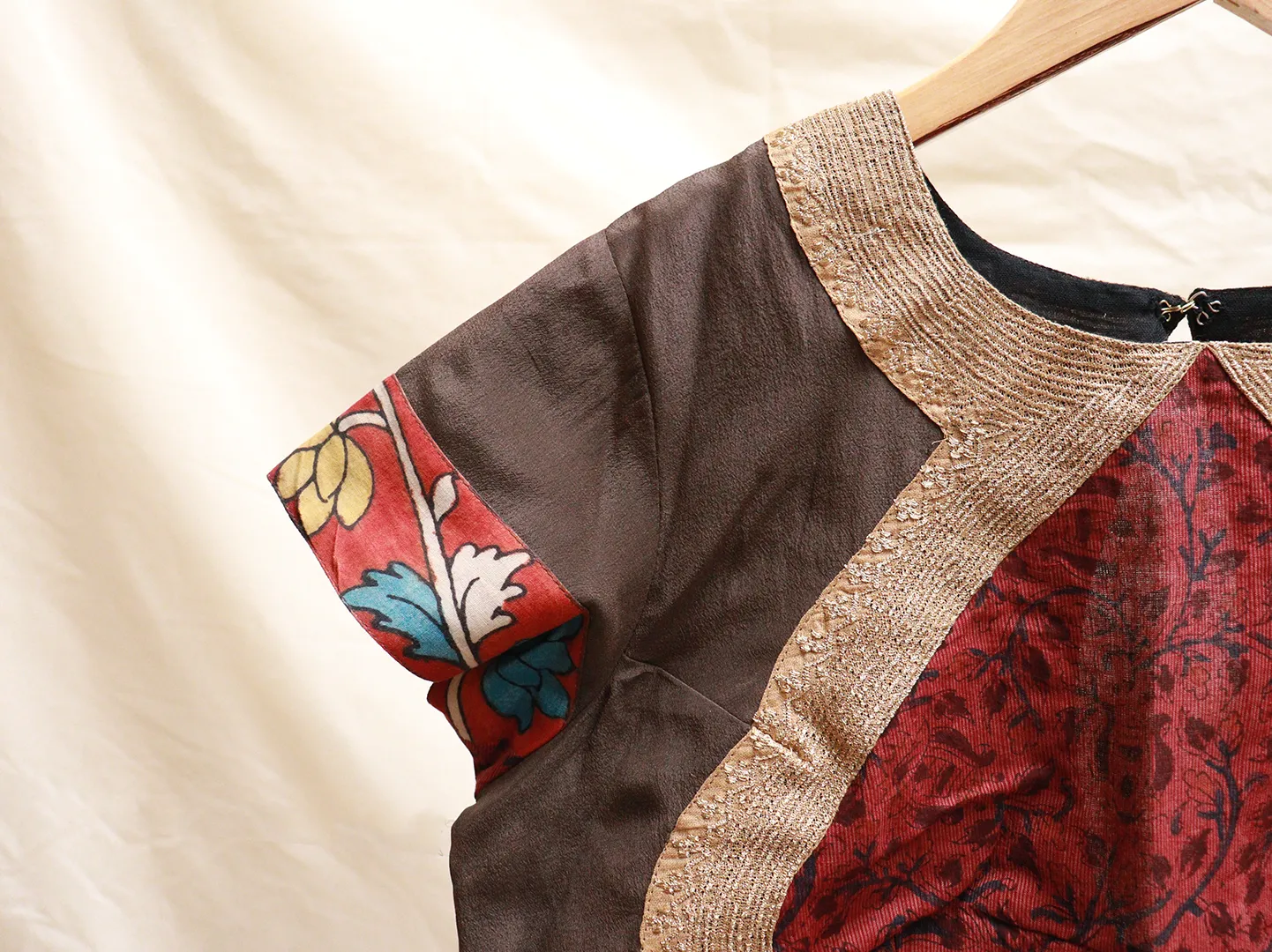 Umber Brown, crepe silk, handspun and handwoven cotton print, blouse