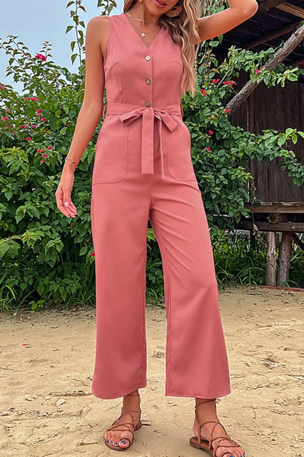 V-Neck Belted Sleeveless Jumpsuit with Pockets