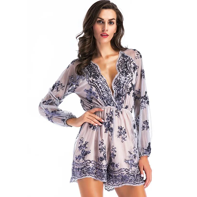 V Neck Long Sleeve Loose Casual Women Playsuit Rompers