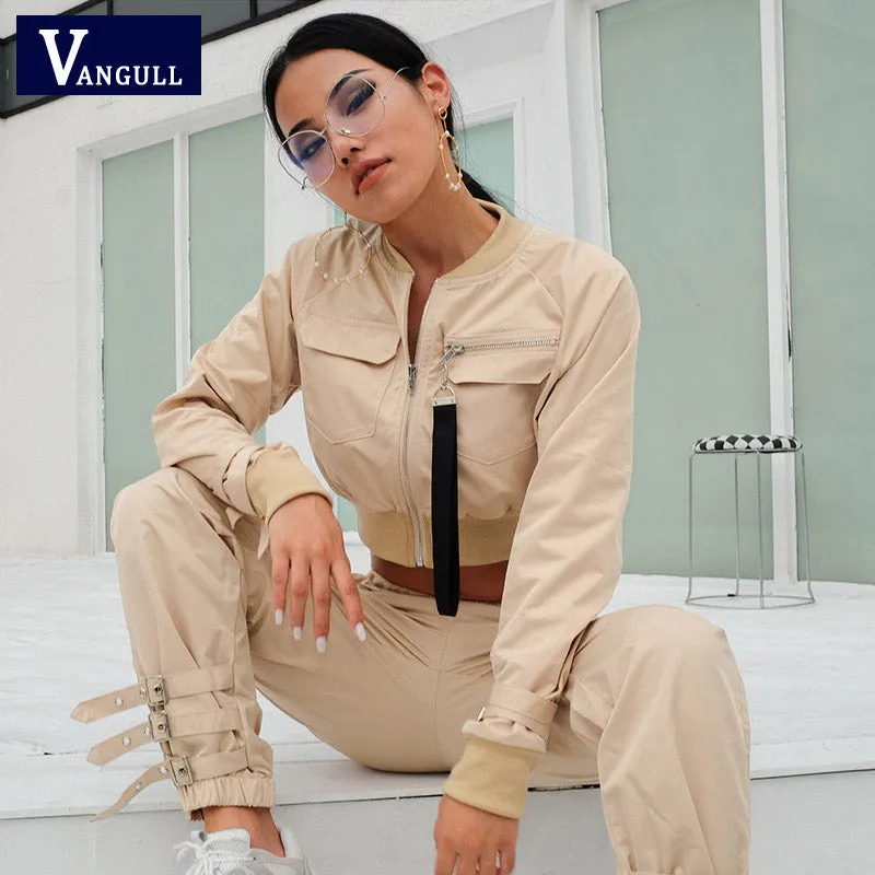 Vangull Khaki Rompers Jumpsuit Long Elegant Zipper Pockets