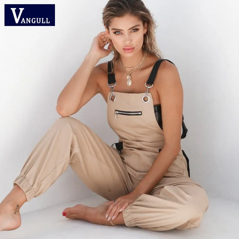 Vangull Khaki Rompers Jumpsuit Long Elegant Zipper Pockets