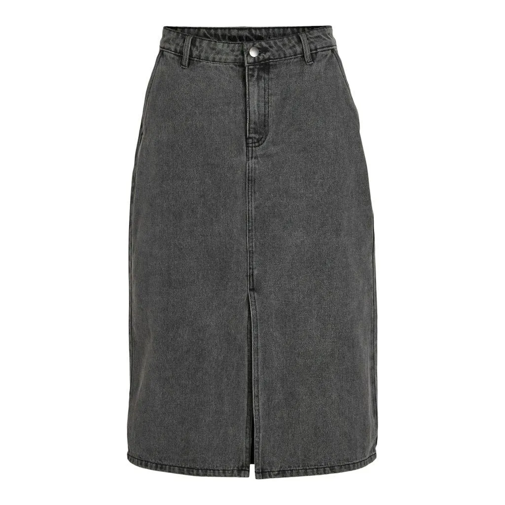 Vila Womens Kira Midi Washed Denim Skirt Dark Grey Denim