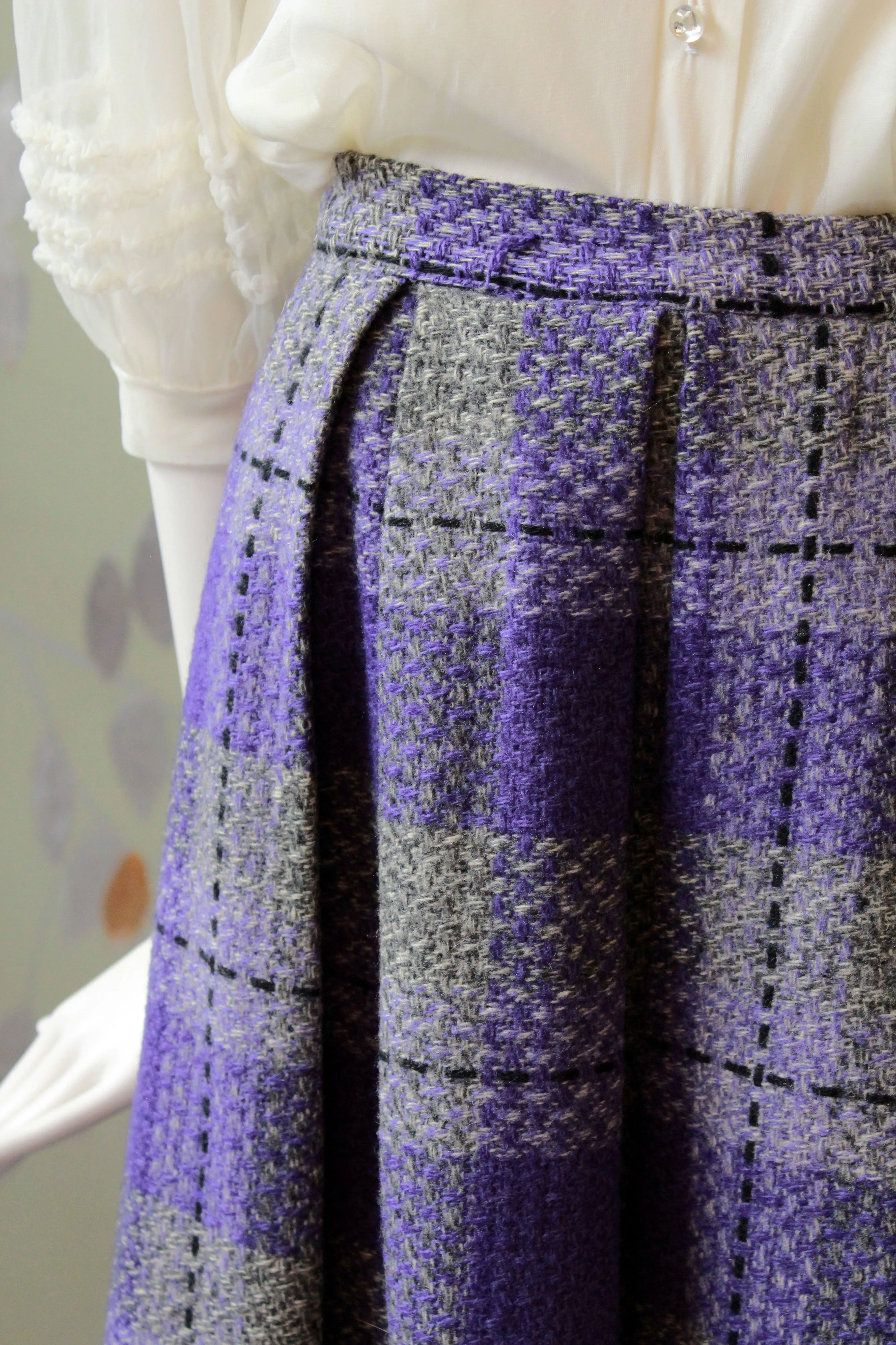 Vintage 1960s Purple And Grey Wool Pleated Skirt, Waist 24