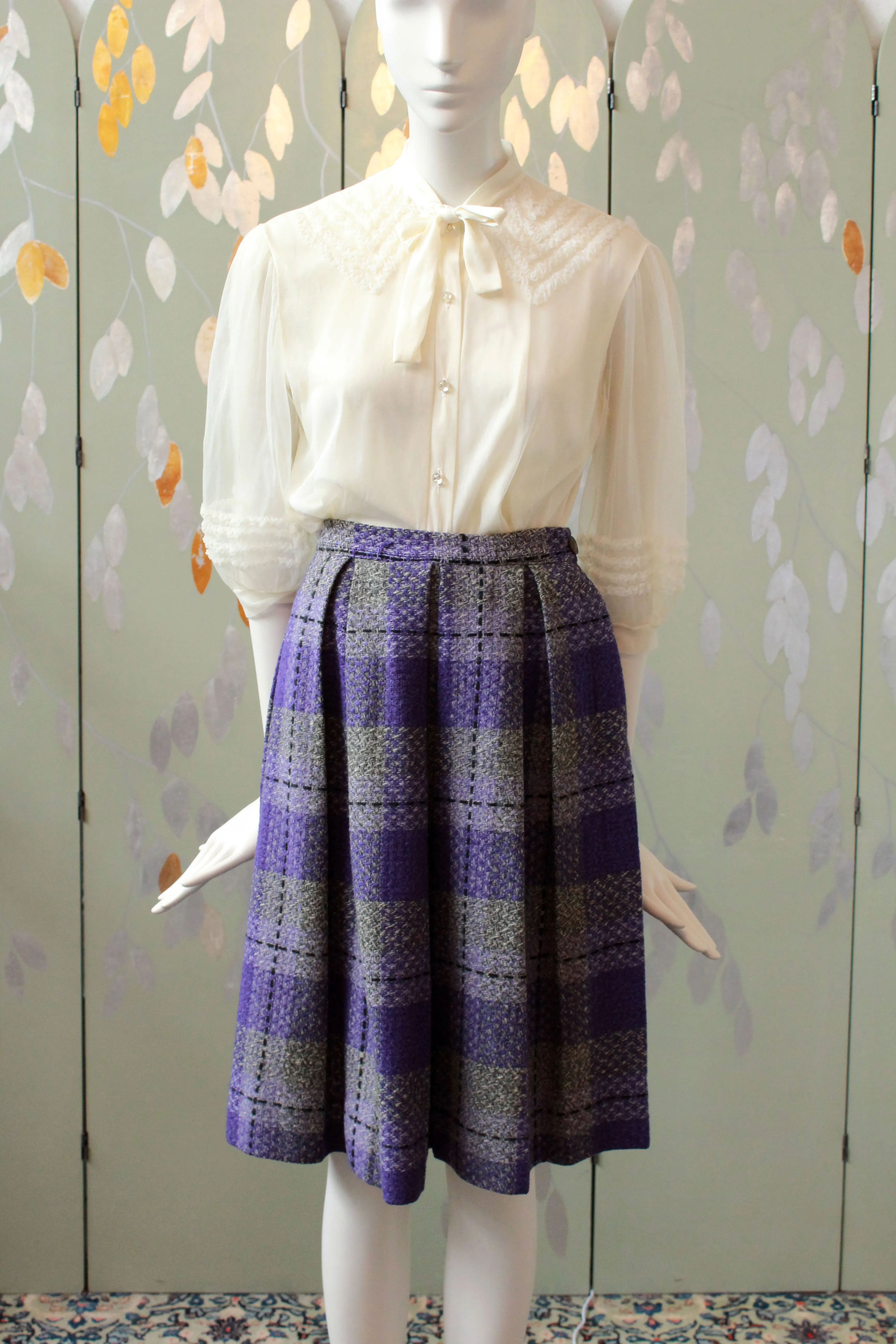 Vintage 1960s Purple And Grey Wool Pleated Skirt, Waist 24