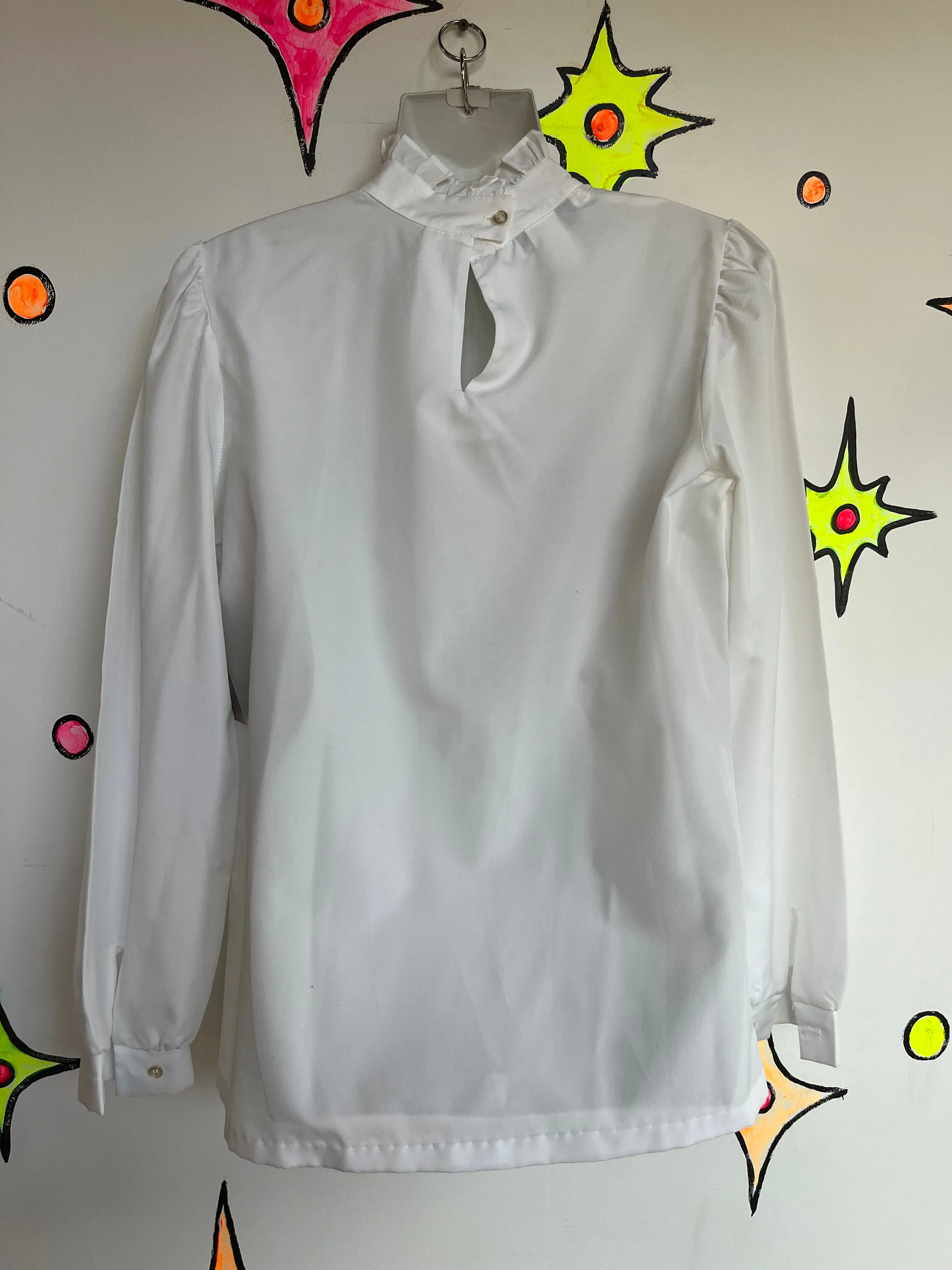 Vintage 70s 80s | White Ruffle Neck Edwardian Secretary Blouse Top | ML