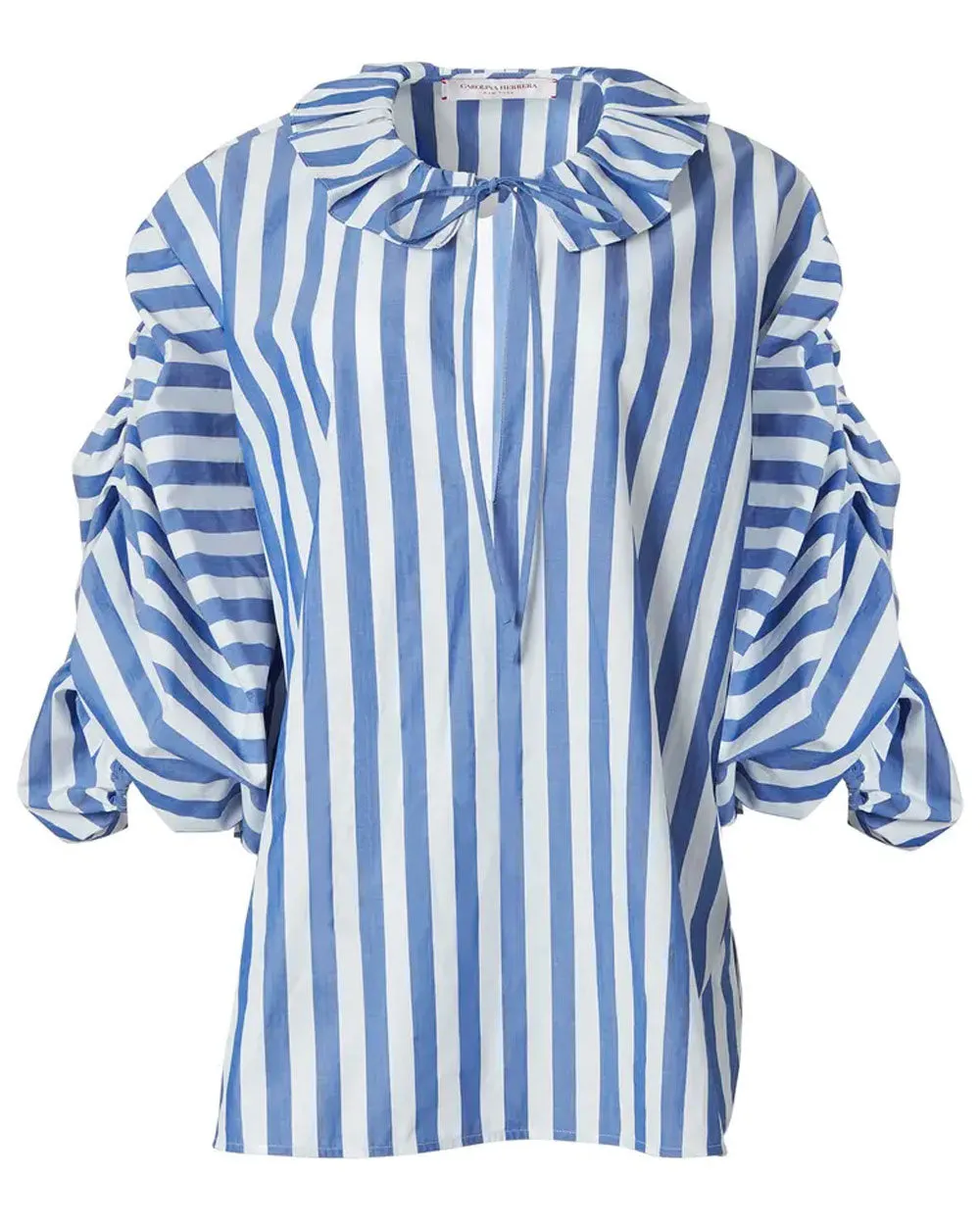 White and Blue Stripe Ruched Puff Sleeve Blouse