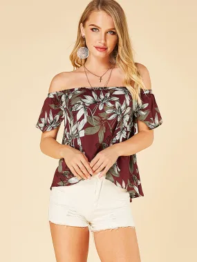 Wholesale Off The Shoulder Floral Print Ruffle Trim Short Sleeve Red Blouses