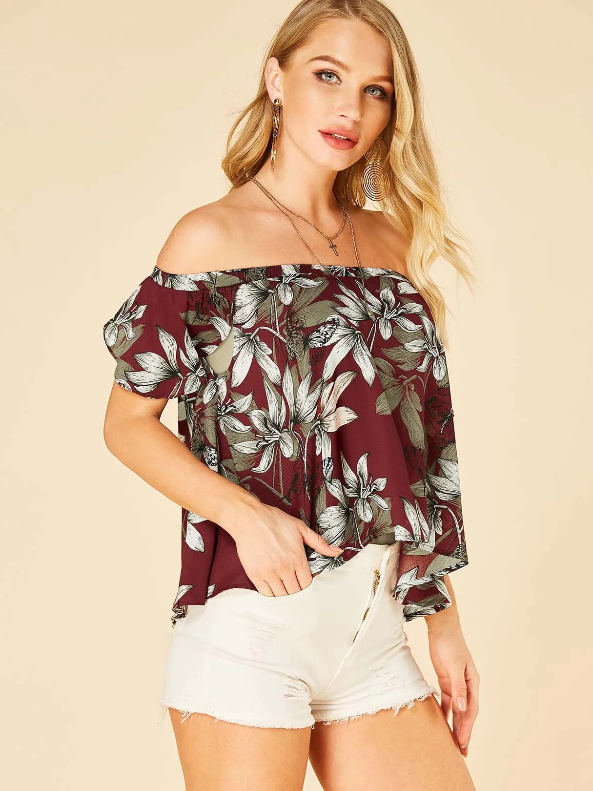 Wholesale Off The Shoulder Floral Print Ruffle Trim Short Sleeve Red Blouses