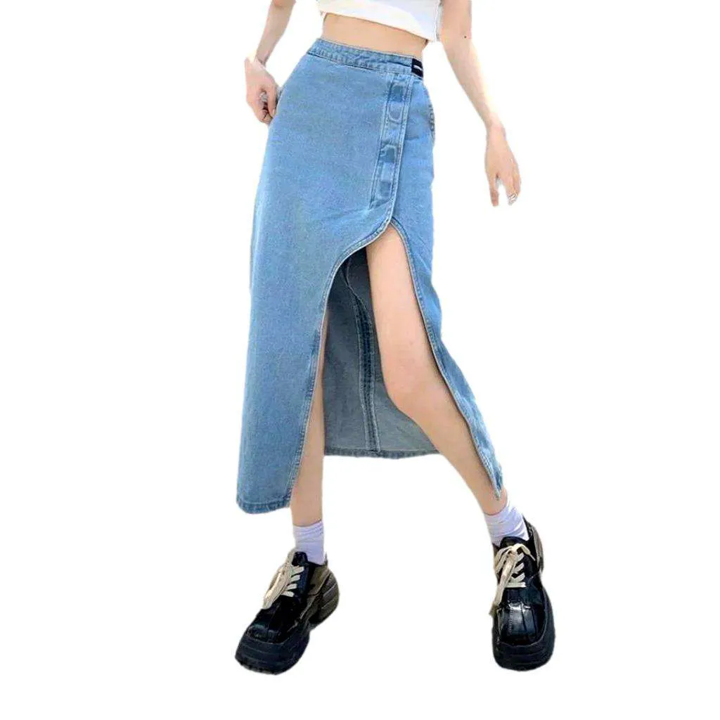 Wide slit women's denim skirt