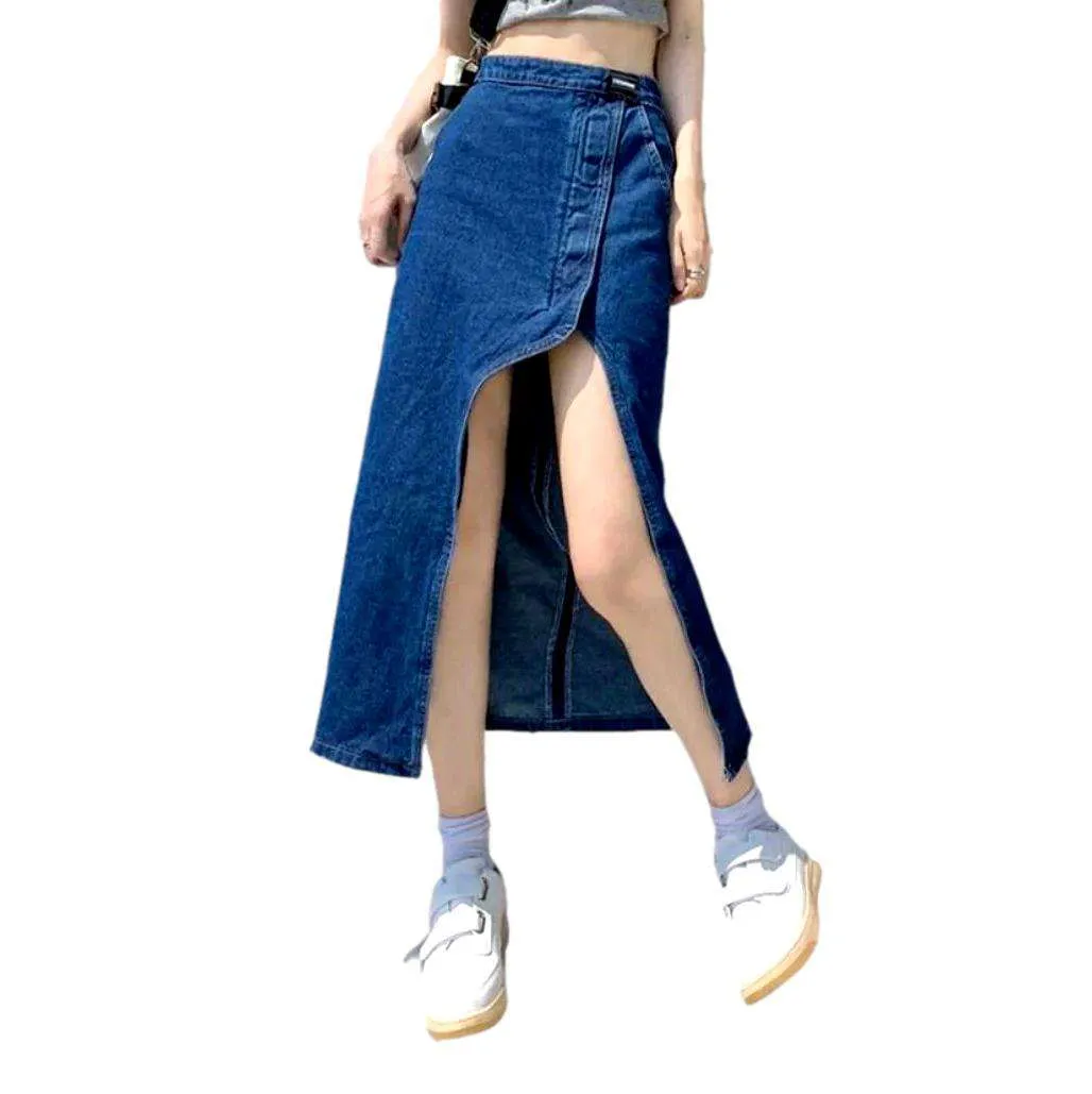 Wide slit women's denim skirt