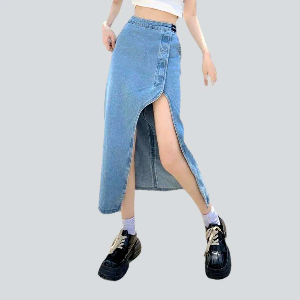 Wide slit women's denim skirt