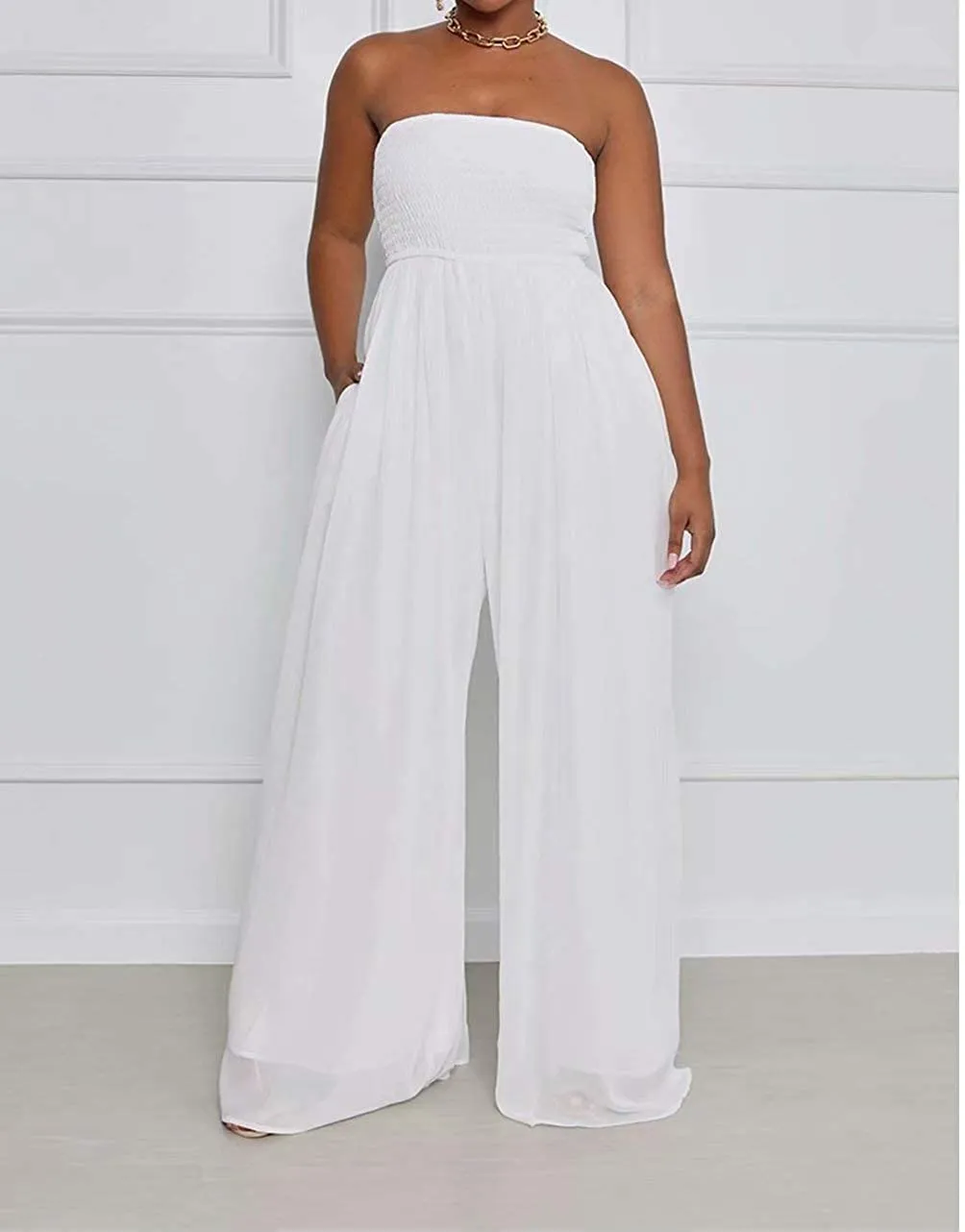 Wild Free White Off Shoulder Dress tube Loose Romper with Pockets Jumpsuit