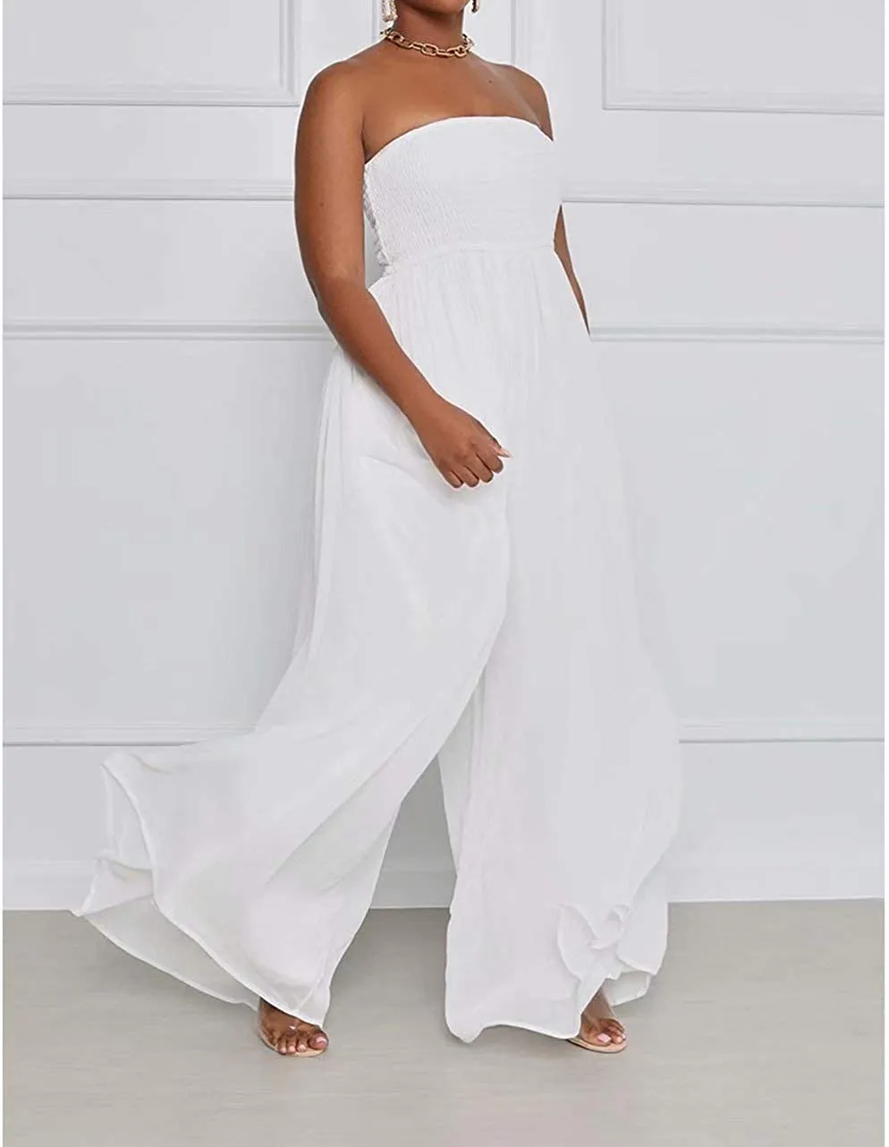 Wild Free White Off Shoulder Dress tube Loose Romper with Pockets Jumpsuit