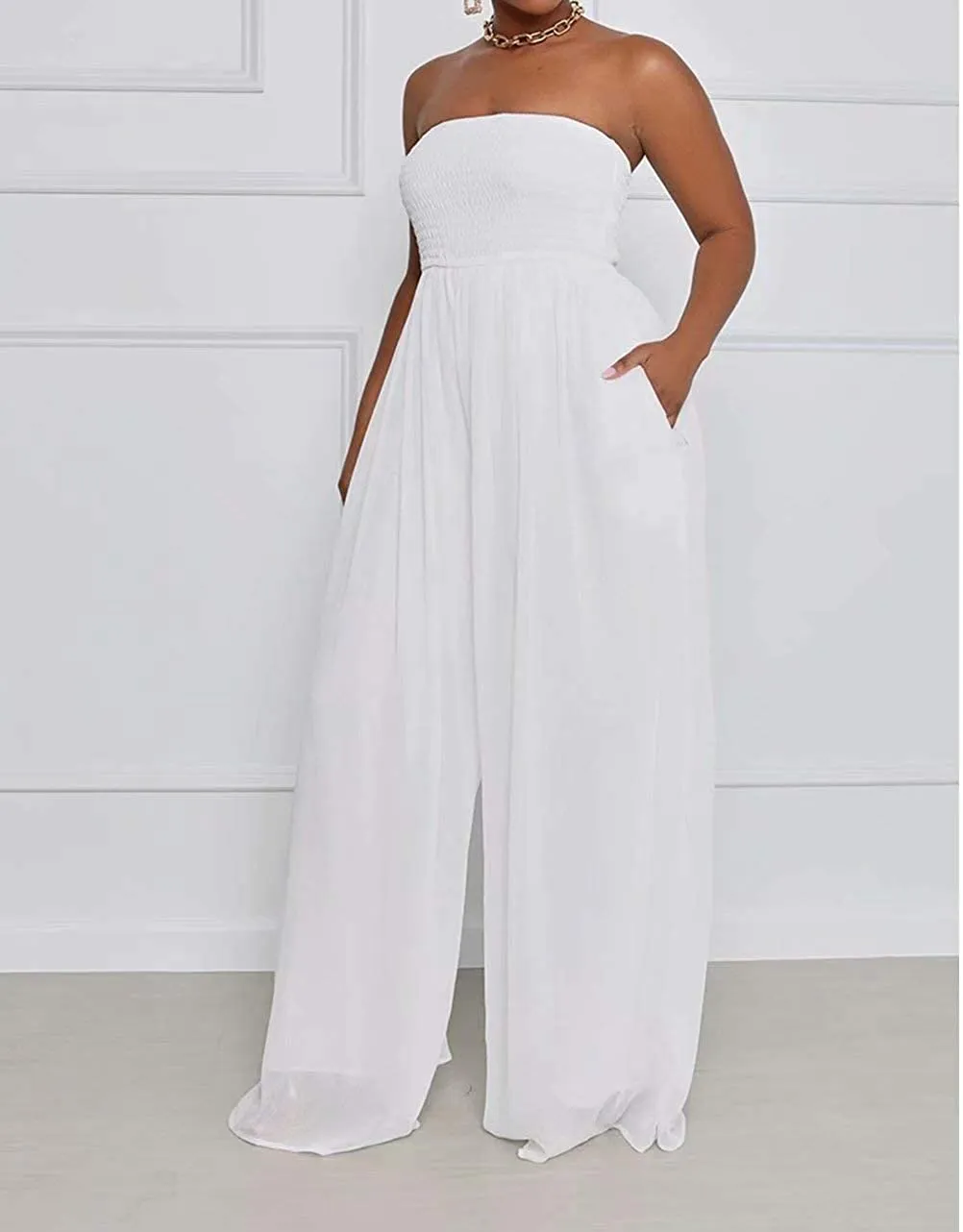 Wild Free White Off Shoulder Dress tube Loose Romper with Pockets Jumpsuit