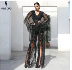 WINTER Sexy  Deep V Ruffles Long Sleeve Female Elegant Ovaralls High Split See Through Jumpsuit