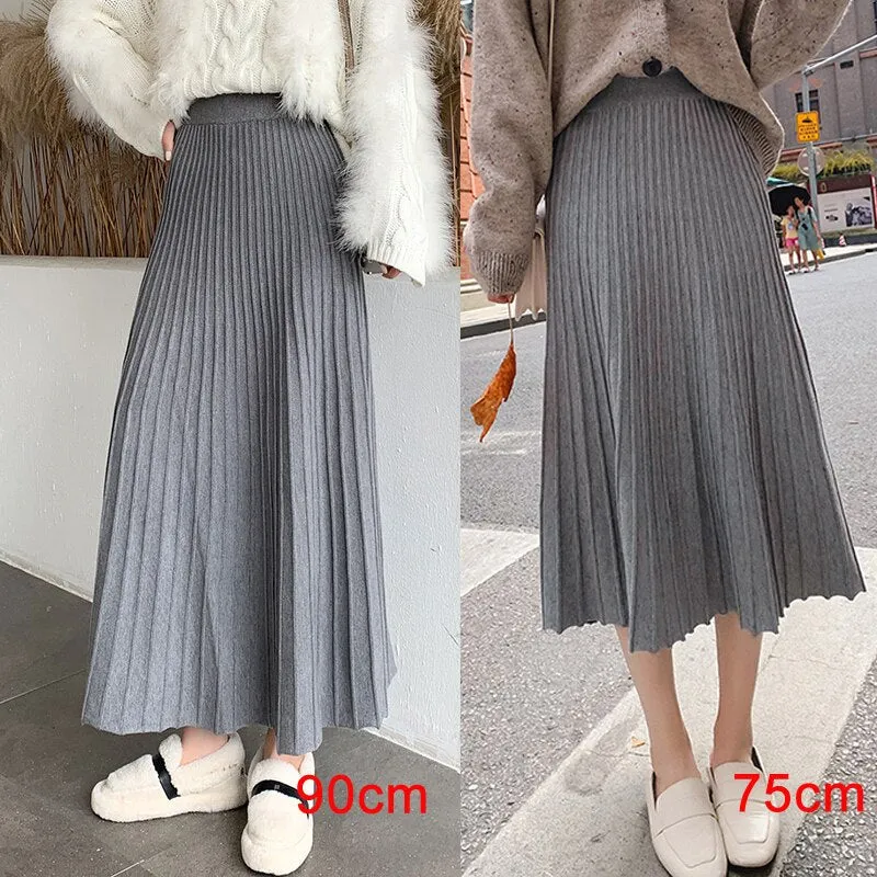 Winter Thickened Rib Knitted Large Swing Maxi Long Skirts Elegant Solid A-line Pleated Ankle Length Knit Skirts Coffree Beige