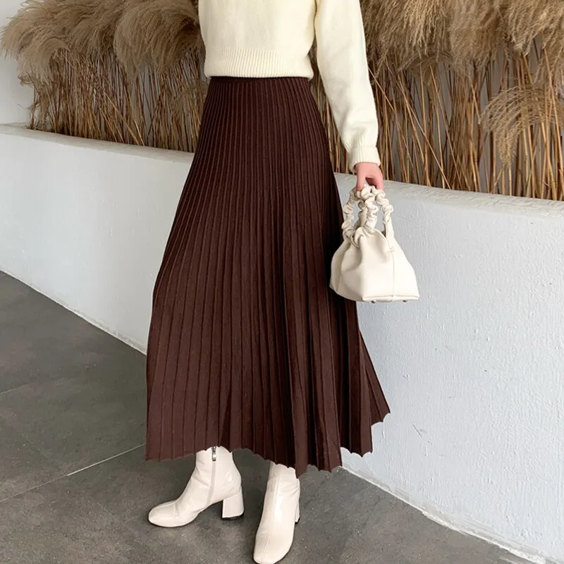 Winter Thickened Rib Knitted Large Swing Maxi Long Skirts Elegant Solid A-line Pleated Ankle Length Knit Skirts Coffree Beige