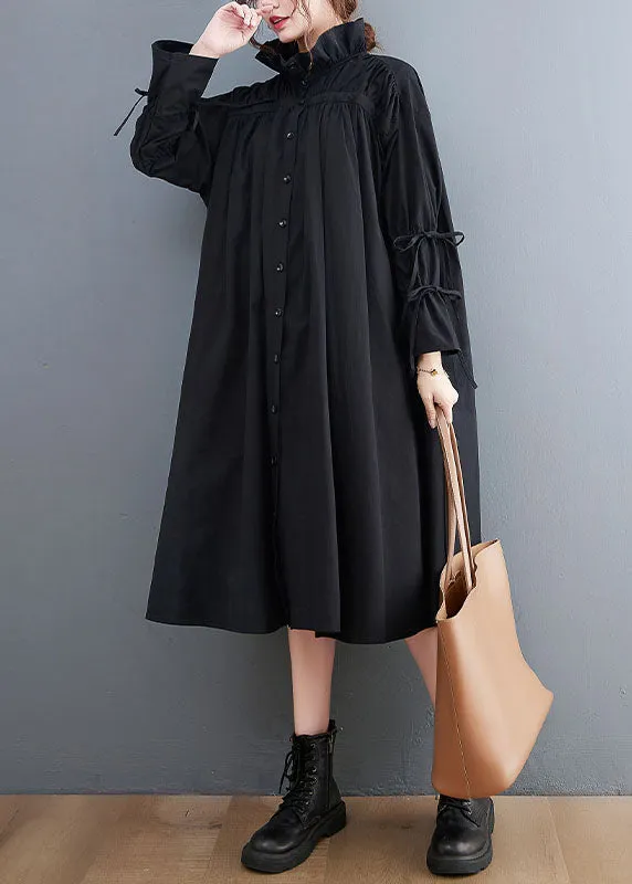 Women Black Ruffled Button Cotton Blouses Dresses Spring