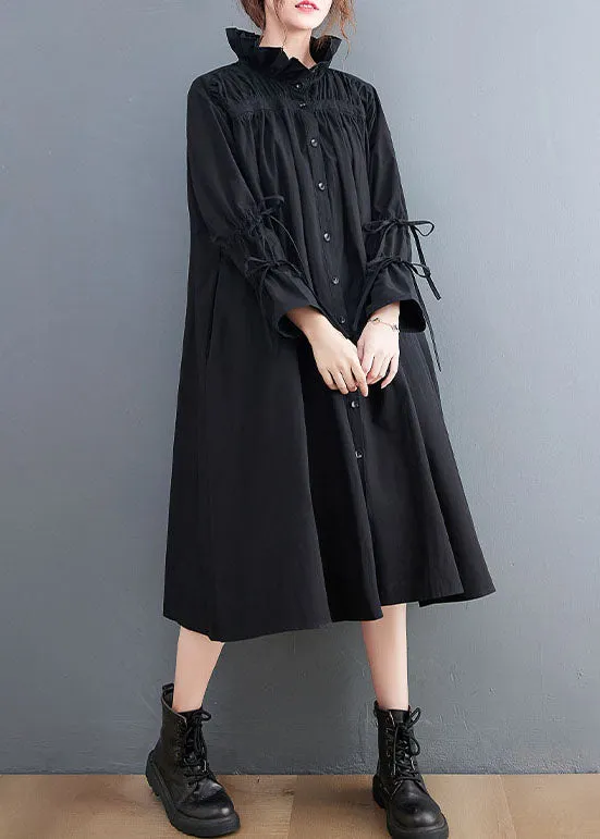 Women Black Ruffled Button Cotton Blouses Dresses Spring