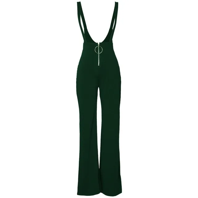 Women Dungarees Overalls Bell-bottomed High Waist Suspender Trousers O-ring Zipper Flared Casual Jumpsuits Pants Salopette Femme