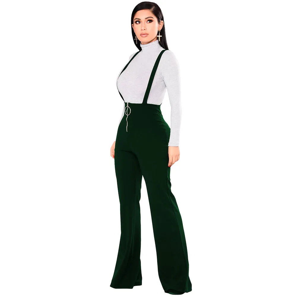 Women Dungarees Overalls Bell-bottomed High Waist Suspender Trousers O-ring Zipper Flared Casual Jumpsuits Pants Salopette Femme