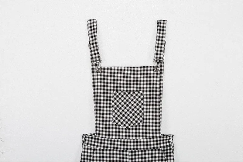 Women Straps Jumpsuits Ladies Summer Plaids Checked Playsuits Backless Outfits White&Black