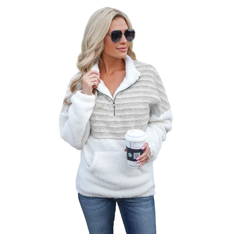 Women's Fashion Plush V-neck Long-sleeve Zipper Color Sweaters