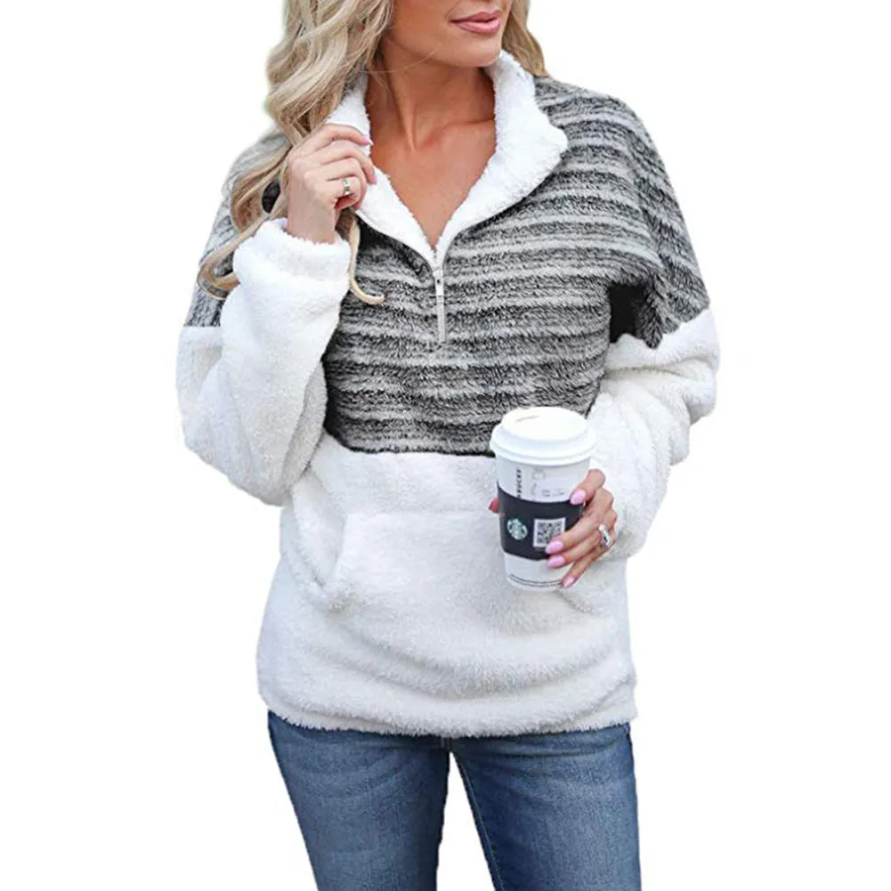 Women's Fashion Plush V-neck Long-sleeve Zipper Color Sweaters