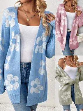 Women's Loose Contrast Color Flower Long Sleeve Sweaters