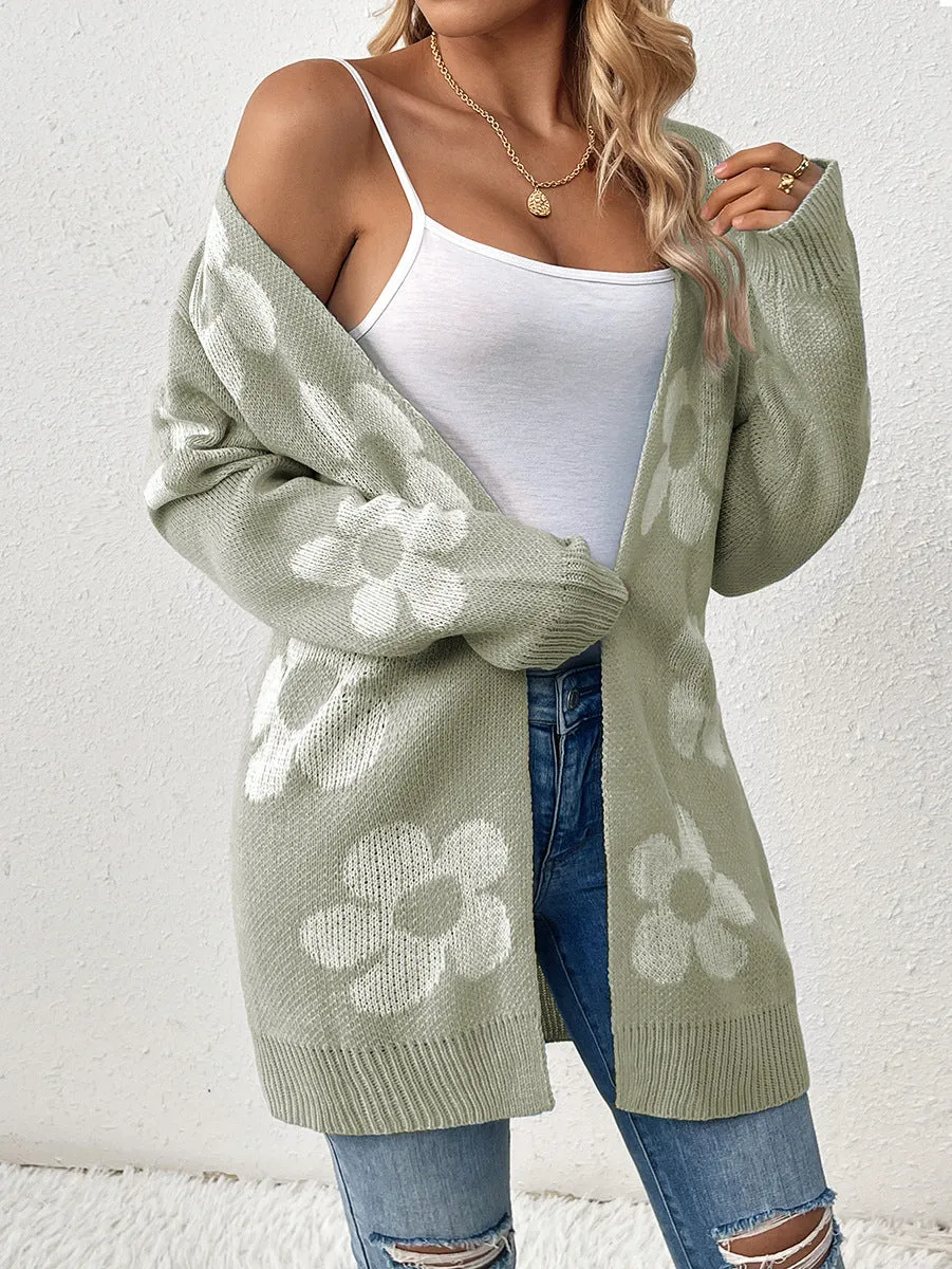 Women's Loose Contrast Color Flower Long Sleeve Sweaters