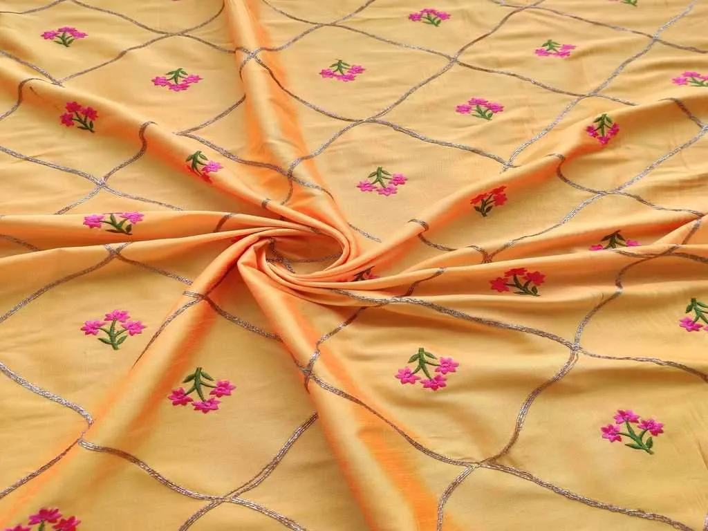 Yellow Floral Geometric Embroidered Zorba Silk Fabric