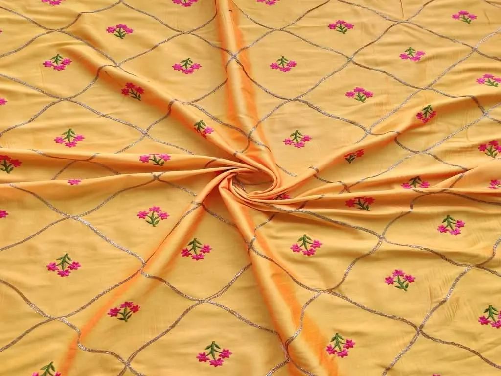 Yellow Floral Geometric Embroidered Zorba Silk Fabric