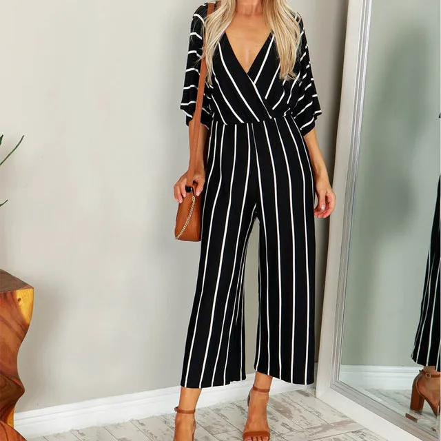 ZANZEA 2018 Summer Women Striped Short Sleeve Jumpsuits Rompers Casual Deep V-neck OL Work Bodysuit Wide Leg Long Playsuit S-3XL