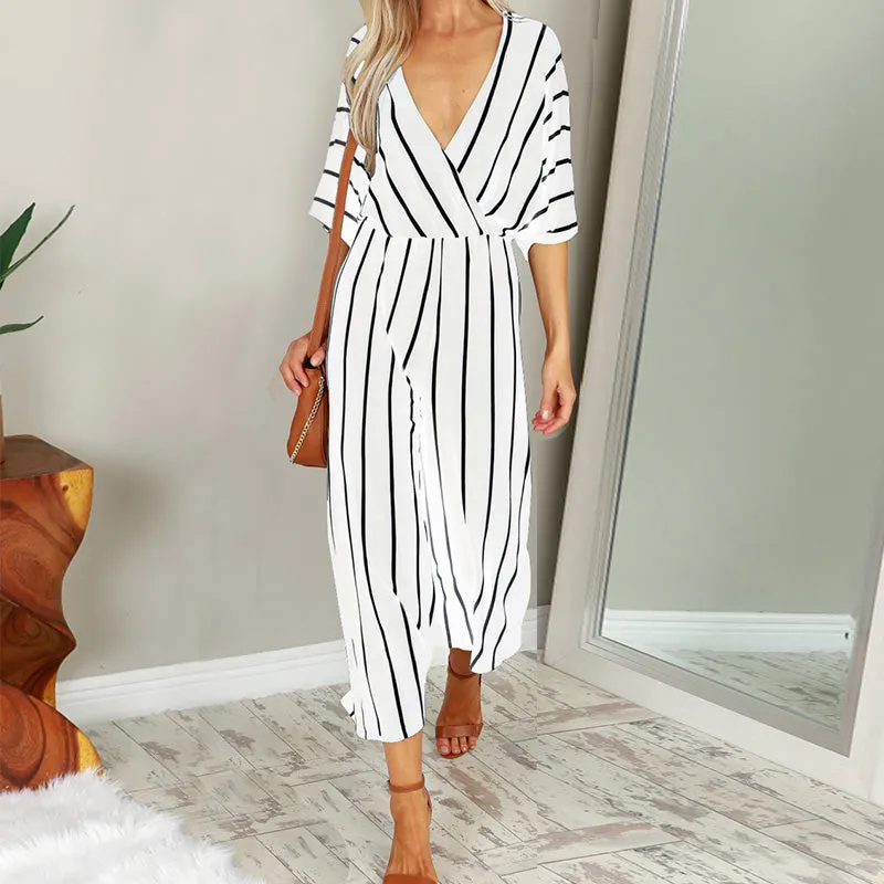 ZANZEA 2018 Summer Women Striped Short Sleeve Jumpsuits Rompers Casual Deep V-neck OL Work Bodysuit Wide Leg Long Playsuit S-3XL